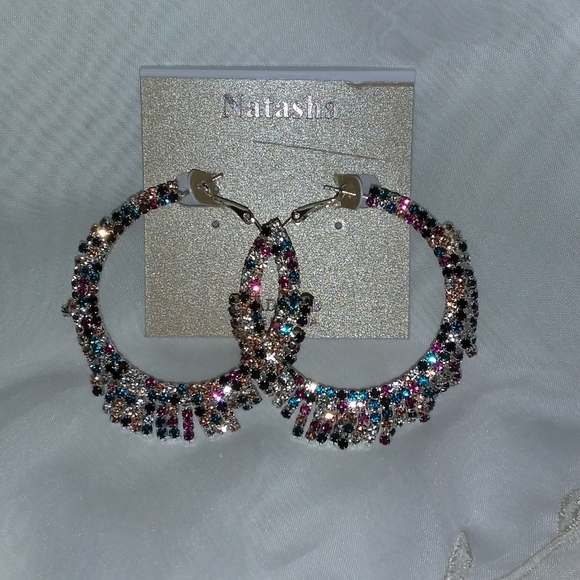 Silver Tone Hoop Dangle Pierce Earrings Natasha - Picture 6 of 6